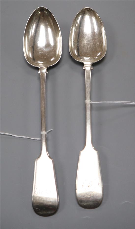 Two Victorian silver fiddle pattern basting spoons, one initialled, one monogrammed